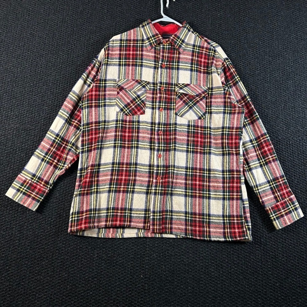 Traditionalist 70s Plaid Flannel Shirt Wool Men Red Black Yellow Button Up L